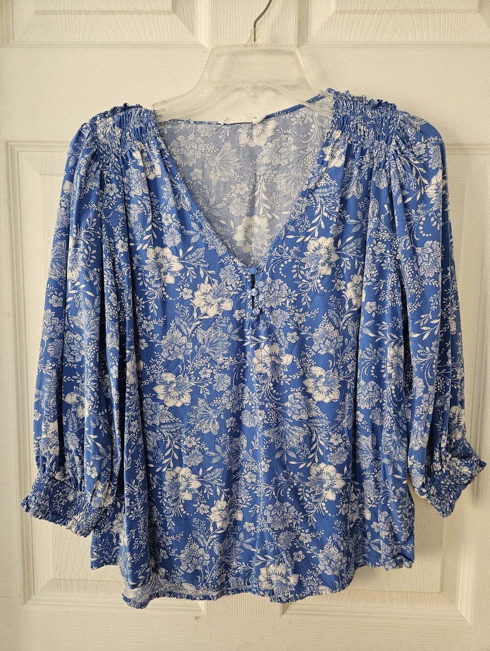 Lush Blue and White Floral V-Neck Blouse